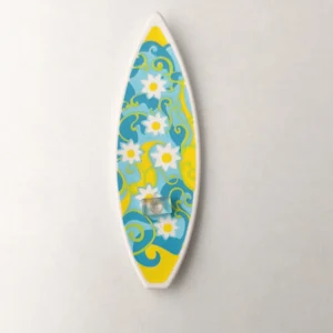 Tabla de surf turquesa con flores amarillas