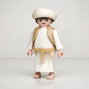 Aldeano vestido de blanco con chaleco largo y turbante